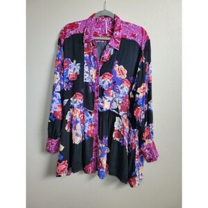 Free People Brunch A Bunch Black Floral Babydoll Shirt Top Size Medium
